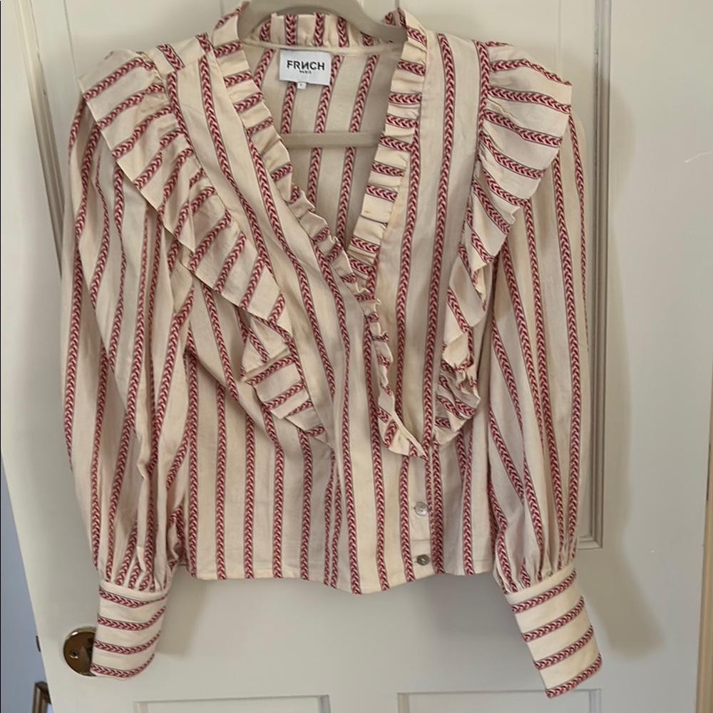 FRNCH Ruffled Red and Cream Blouse with Cuffed Sleeves